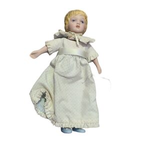 Vintage AVON 8" Porcelain Baby Doll w/Swiss Dot Dress 1985